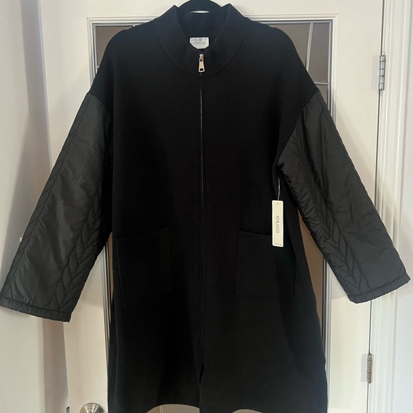 Strazzi Black Long Coat w Nylon Sleeves Zippered Collared Black XL new with tag - Picture 3 of 8